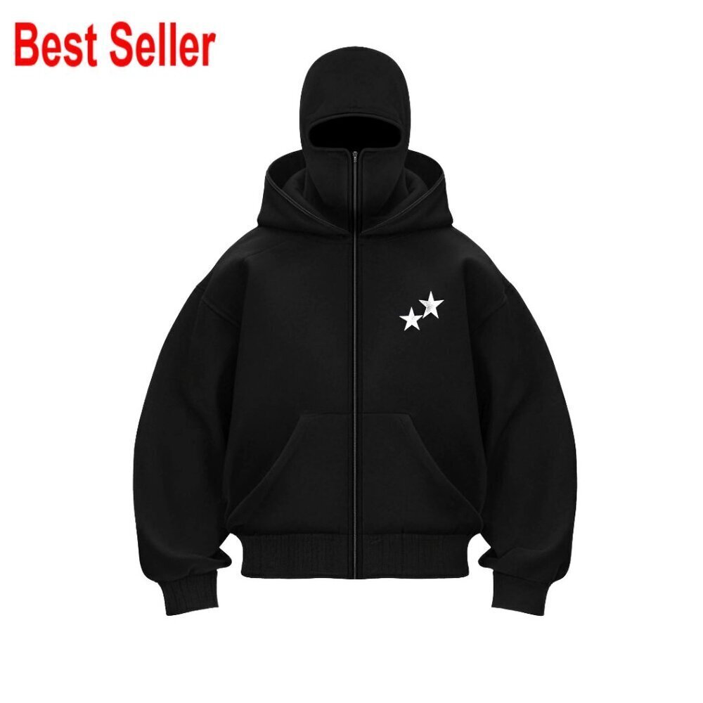 Oversized Zip Hoodie with Built-In Balaclava Mask, Windproof Fabric, Pocket